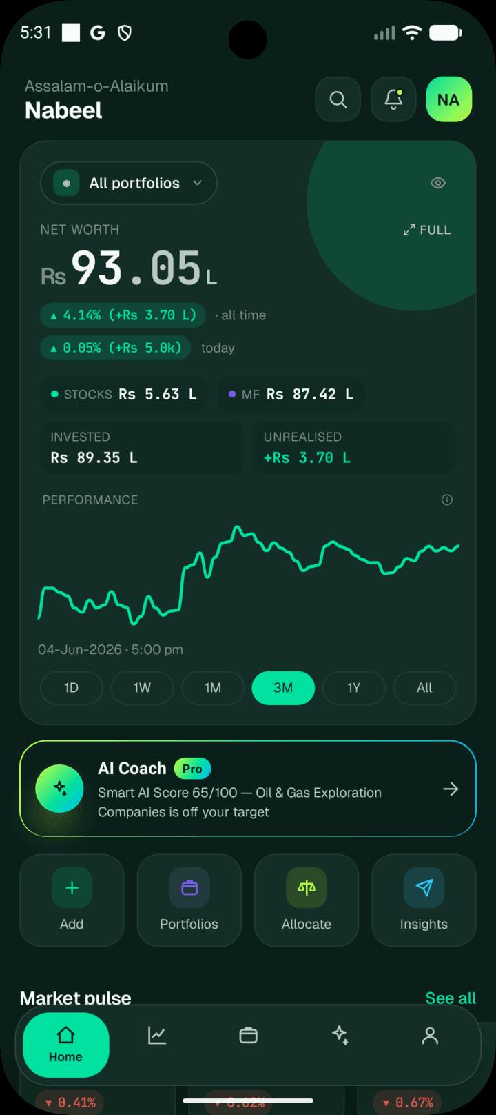SmartFolio app home screen showing a combined PSX and mutual fund portfolio net worth of Rs 93.05L with a performance chart