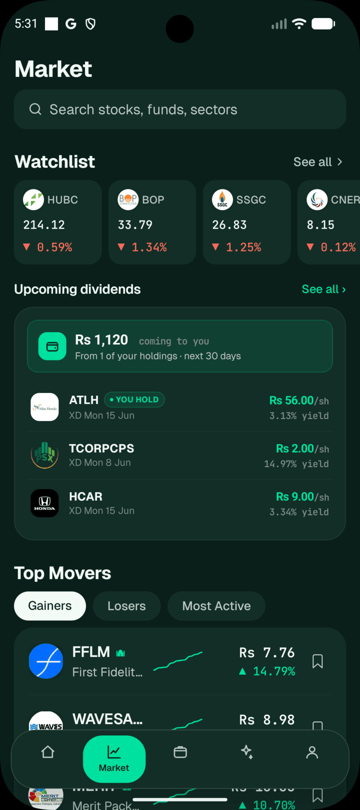 SmartFolio Market screen showing a watchlist of PSX stocks, mutual funds and gold with live prices