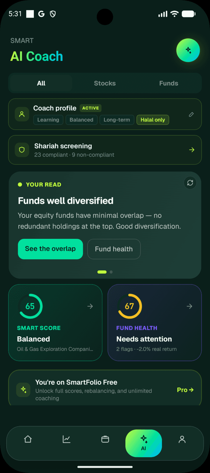 SmartFolio AI Coach screen explaining portfolio diversification in plain language