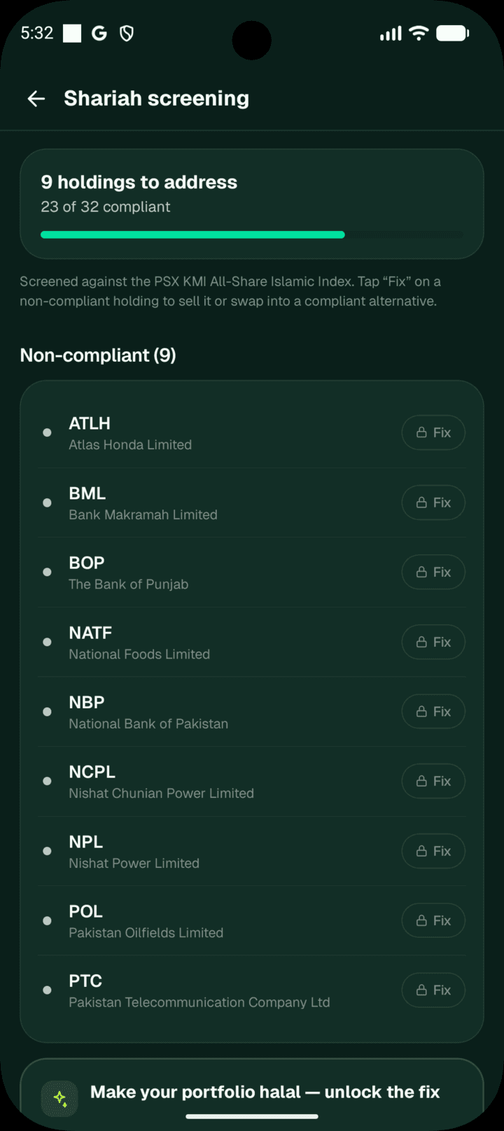 SmartFolio Shariah screening showing 23 of 32 holdings compliant with the PSX KMI Islamic index
